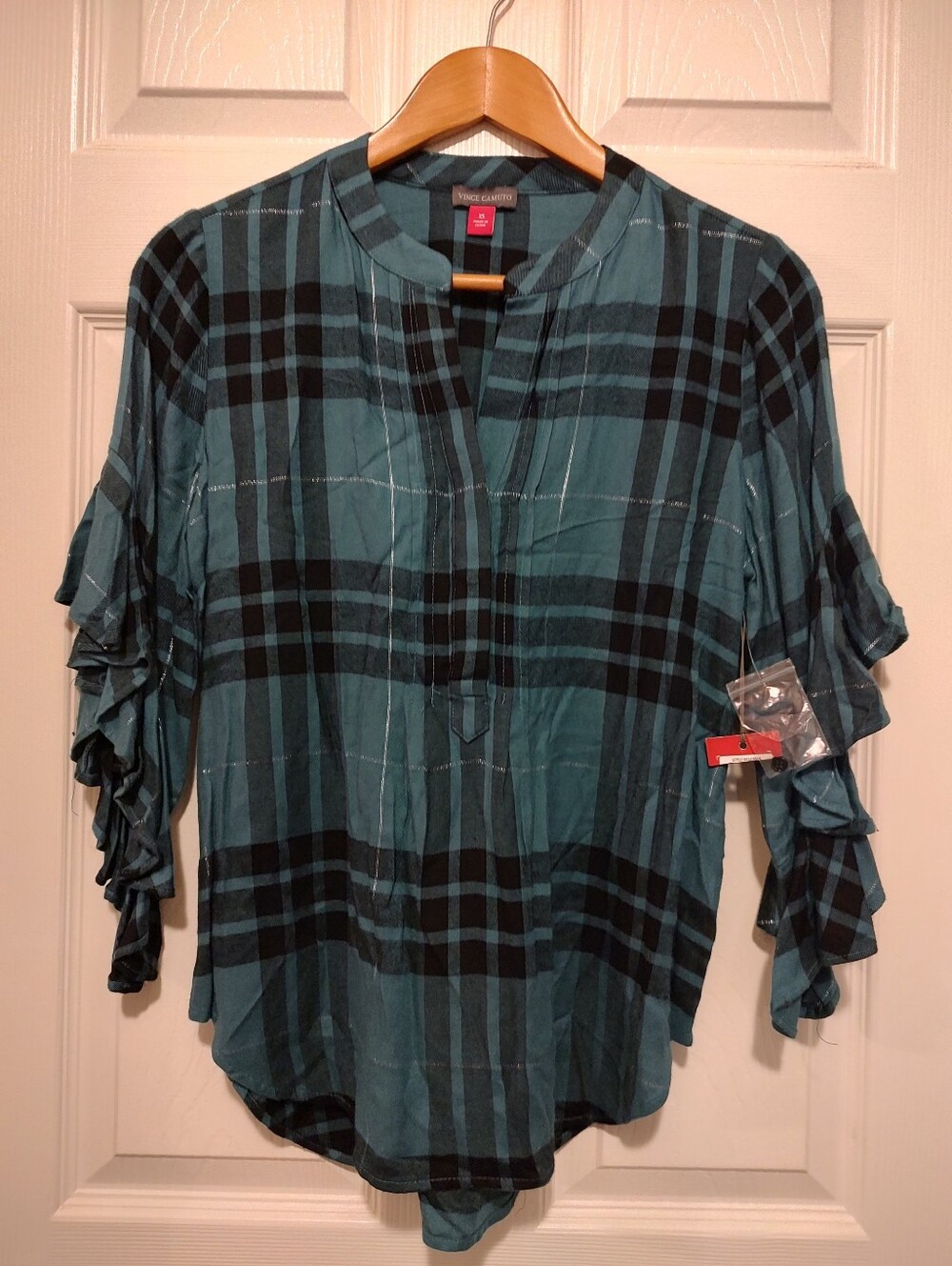Vince Camuto Teal & Black Plaid Ruffle-Sleeve Tunic